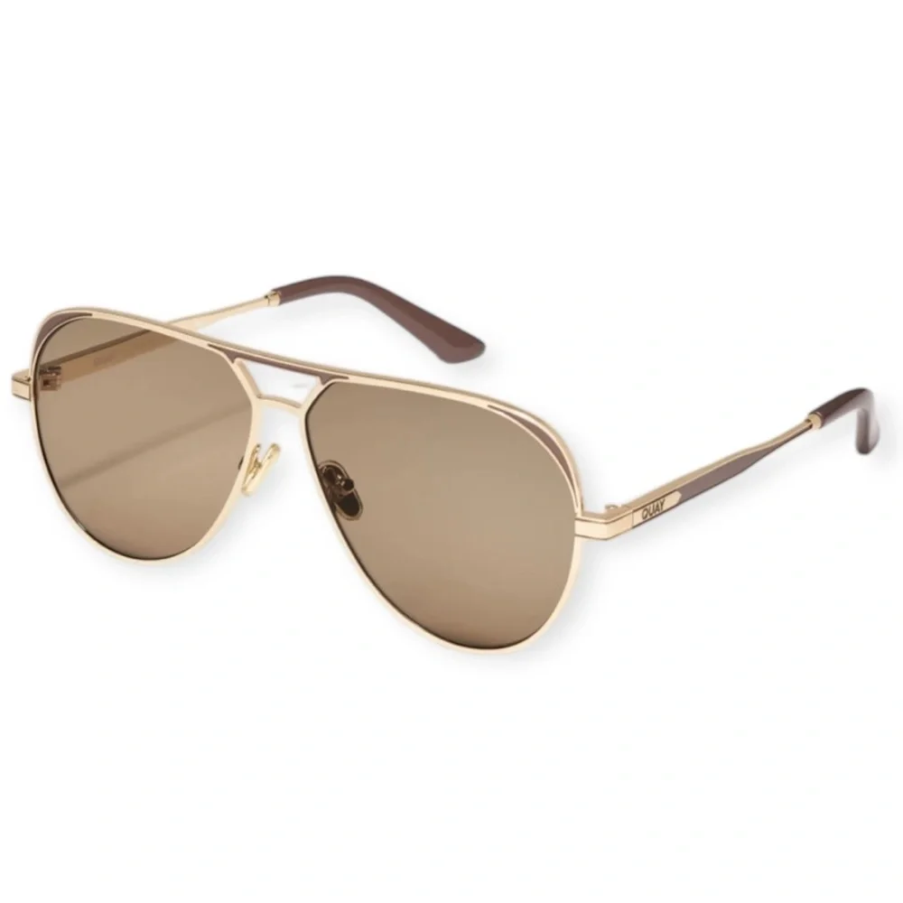 QUAY Open Tab Sunglasses Brushed Gold Doe Frame Tan Lens Aviators Unisex NWT